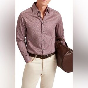 Ted Baker London Mens Button Down Shirt Geo Print Burgundy White Size 5 Large